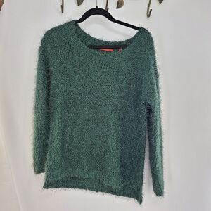 Red green eyelash fringe crewneck sweater